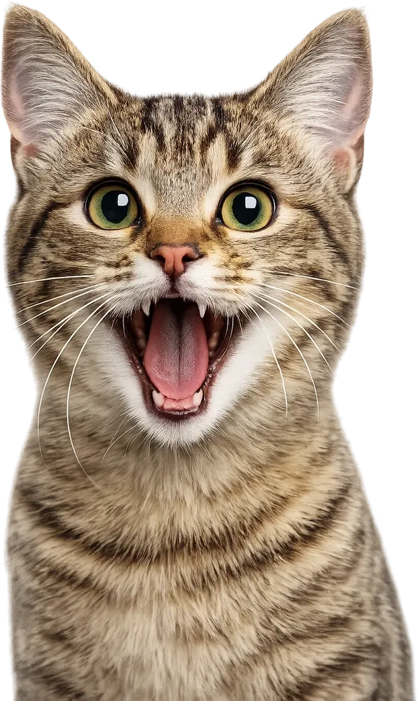 Gato rajado com a boca aberta, como se sorrisse